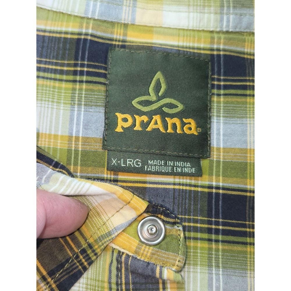 Prana Mens XL Short Sleeve Plaid Snap Front Shirt Yellow Green Organic Cotton - Picture 4 of 8